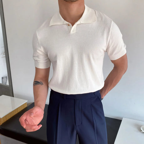 Men's Polo Shirt Elbow-Sleeved T-shirt Fashion Polo Collar Slim-Fit Men Clothing Woolen Sports Polo Tee Shirt Man Golf Shirt EUR - Lootquake