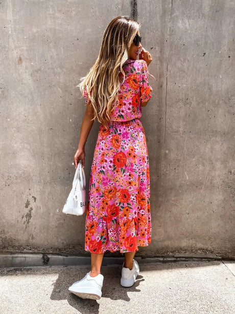 Summer Floral Print Dress Women V Neck Side Slit Long Dress Elegant Short Sleeve Button Slim Spring Female Party Dress Vestidos - Lootquake