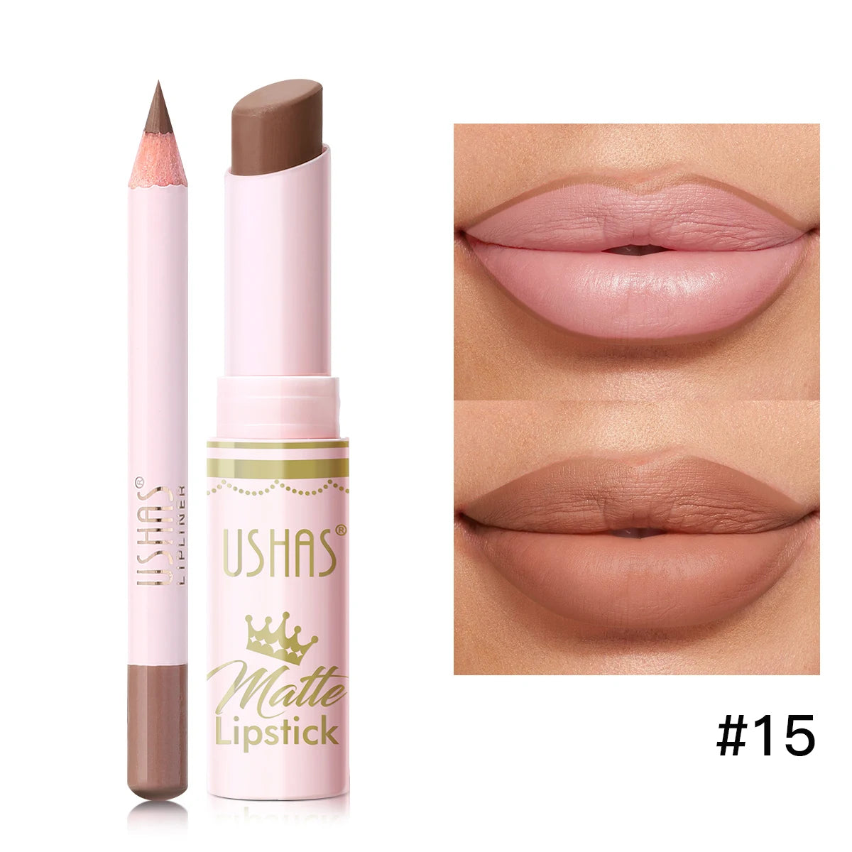 USHAS,Lipstick + lip liner set, matte finish, waterproof, long-lasting and non-staining, velvet nude lip gloss