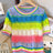2024 New Summer Hollow Out Eyelet Rainbow Striped T-shirt Casual Crew Neck Short Sleeve T-shirt Women's Clothing Crop Top - Lootquake