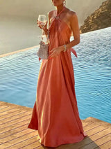 Elegant Women Solid Maxi Beach Dress Sexy Halter Neck Backless Lady Party Dress 2025 Summer Sleeveless Loose Long Dress Vestidos - Lootquake