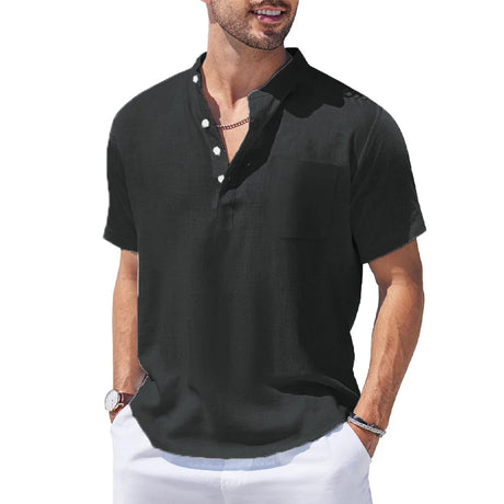 New Mens Henley Short Sleeve Casual Shirt Summer Cotton Shirts Beach Shirts Banded Collar Tshirts lightweight Shirts with Pocket - Lootquake