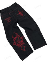Women's Skeleton Embroidery Jeans, Men's Casual Street Style Loose Fit Jeans,Hip Hop Y2K New Straight Cargo Pants Streetwear - Lootquake