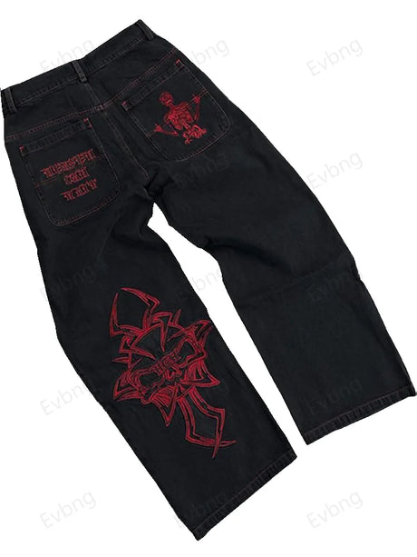 Women's Skeleton Embroidery Jeans, Men's Casual Street Style Loose Fit Jeans,Hip Hop Y2K New Straight Cargo Pants Streetwear - Lootquake