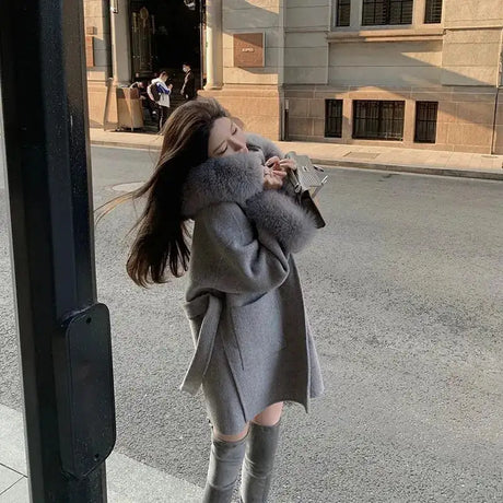 Woolen Windbreaker Jacket Women's Overcoat Fashion Loose Belt Wool Collar Hooded Wool Coat Outwear New Autumn Winter Wool Coats - Lootquake