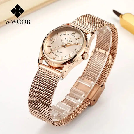WWOOR 2023 Casual Women Dress Rose Gold Mesh Belt  Fashion Diamonds Wristwatch Waterproof Simple Female Quartz Watch Reloj Mujer - Lootquake
