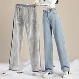 Thickened Fleece-lined Women's Jeans 2022 Winter New Style Slimming Versatile Loose-fit Straight-leg Bell Bottoms Trendy - Lootquake
