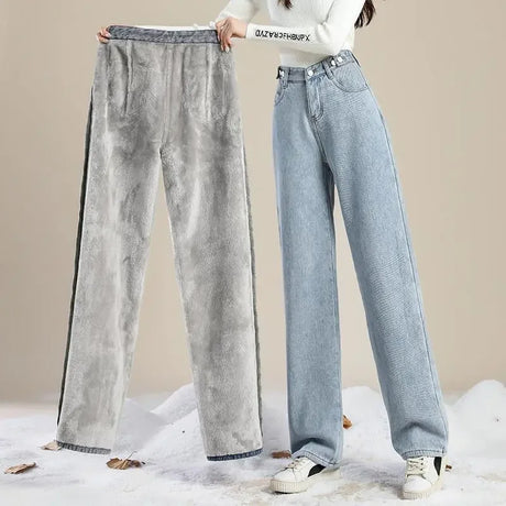 Thickened Fleece-lined Women's Jeans 2022 Winter New Style Slimming Versatile Loose-fit Straight-leg Bell Bottoms Trendy - Lootquake