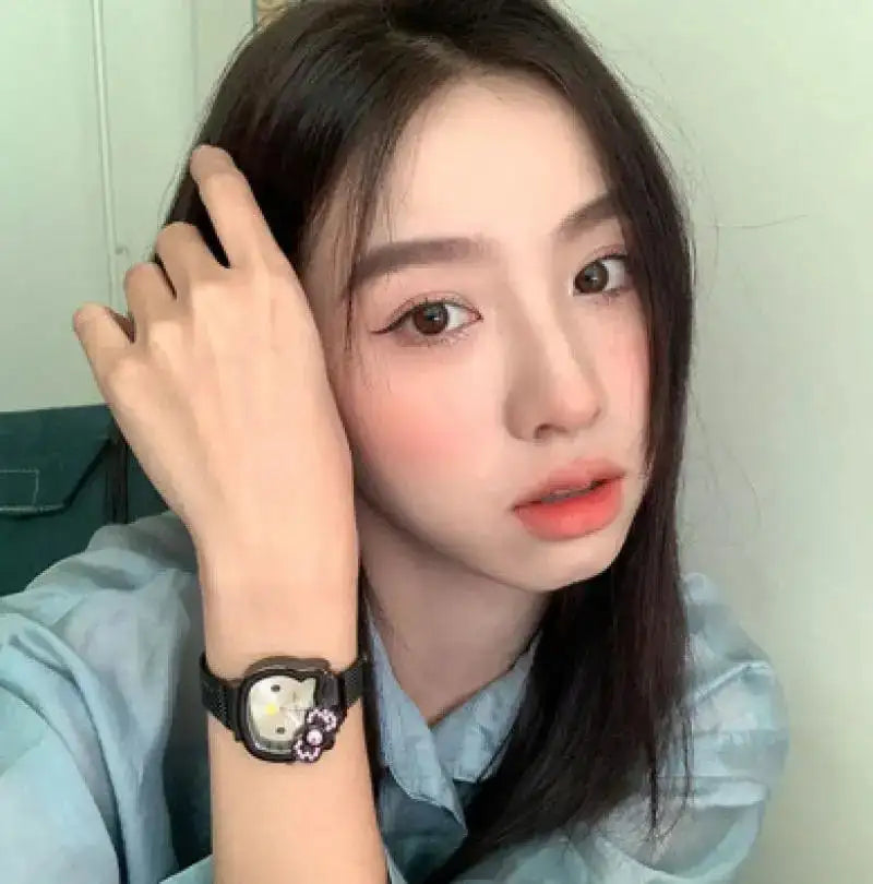 Hello Kitty Diamond  Watch Cat Bow Kawaii Pink Ladies Gold Sliver Metal Jewelry Cartoon Magnetic Watch Girlfriend Birthday - Lootquake