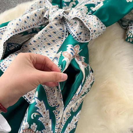 Summer Bohemian Paisley Print Long Dress Women V-Neck Short Puff Sleeve Vintage Print Bandage Lace Up Robe Vestidos Clothes 6237 - Lootquake