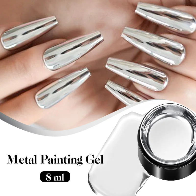 8ml Super Shine Silver Metal Painting Gel Nail Polish High-density Mirror Effect Semi Permanant Nail Art Manicure Varnish