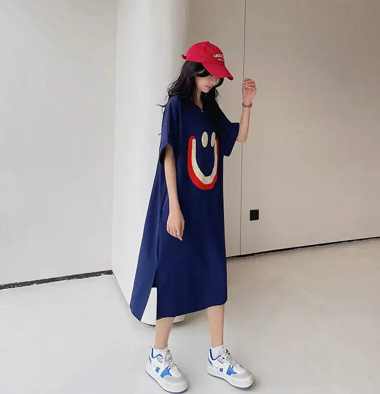 Vestido largo blanco con estampado Harajuku para mujer, ropa Y2K, informal, de manga corta y cuello redondo, moda coreana, vestidos sueltos de verano para mujer 2024