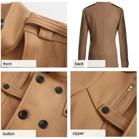 Men Slim Fit Woolen Coats Solid Color Male Casual Long Sleeve Outerwear Autumn Winter Double Breasted Mid Length Windbreaker - Lootquake