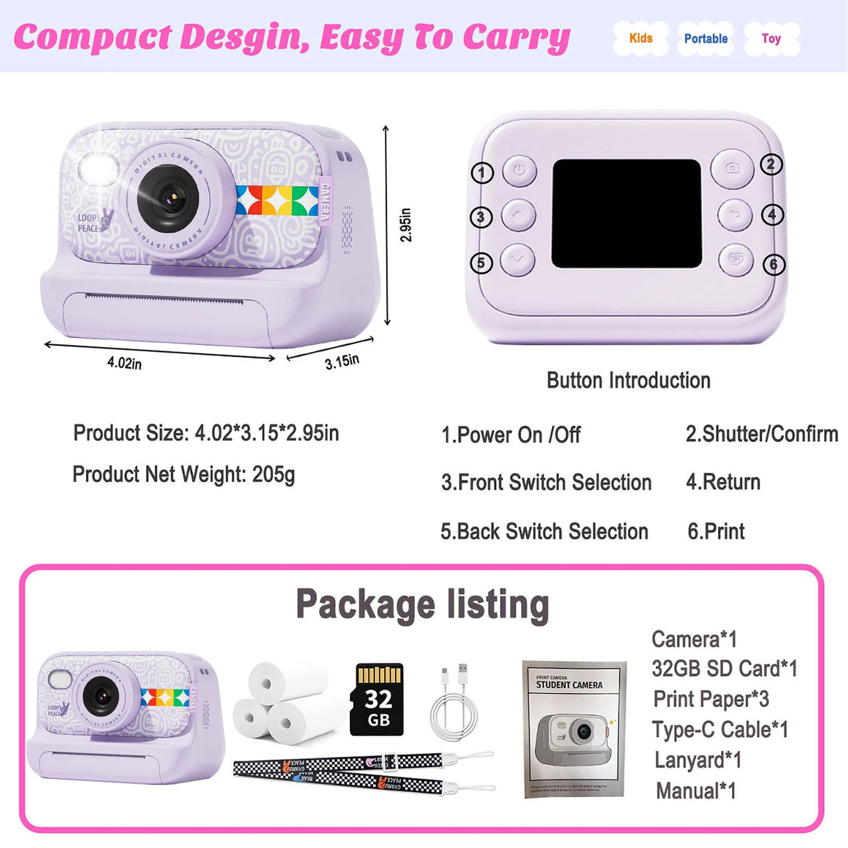 Kids Instant Print Camera -Black & White Print Toddler Birthday Gift Portable Thermal Paper HD Digital Video Printer