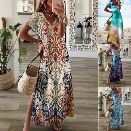 2024 Vintage Floral Elegant Maxi Dress For Women Summer Fashion V Neck Short Sleeve Split Boho Long Dress Party Beach Dresses - Lootquake
