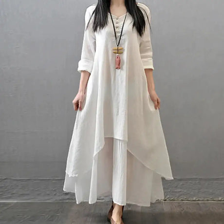 Women Elegant Linen White Dresses Bohemia Layering Vintage Robe Long Sleeve Loose Long Dress Female Autumn Vestidos - Lootquake