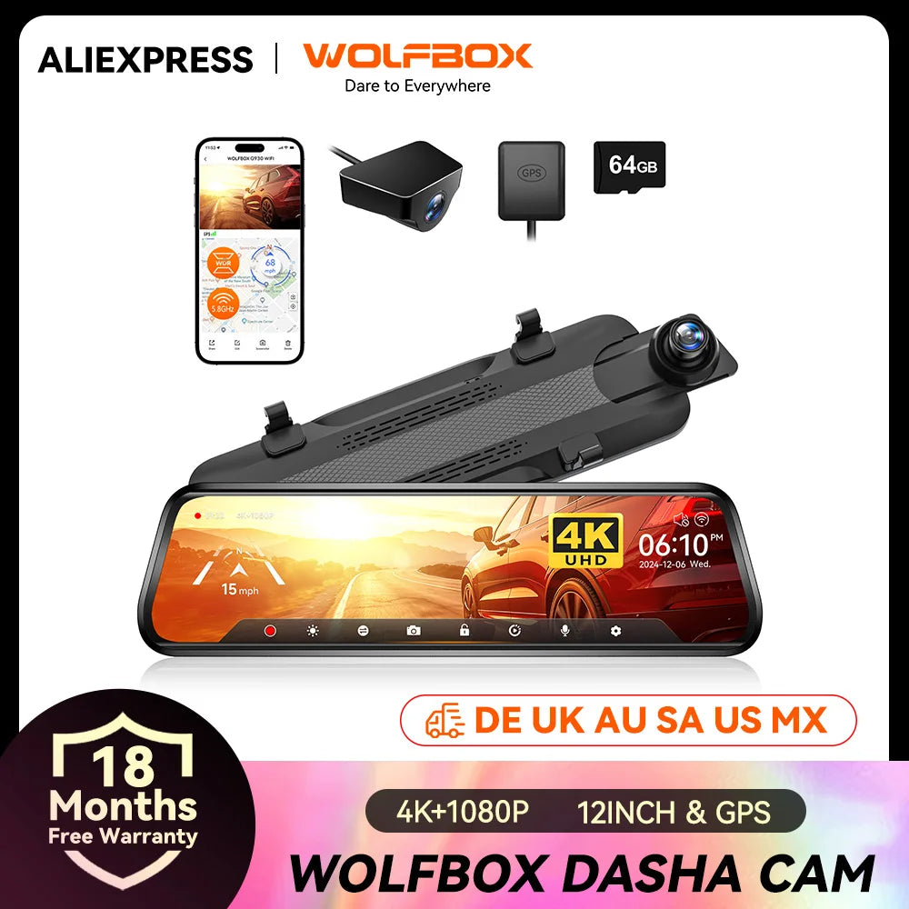 WOLFBOX G930 Caméra de tableau de bord 10 pouces Wifi 4K DVR pour voiture FOV 140° Caméra de tableau de bord avec rétroviseur, vue de stationnement 24h/24, écran tactile, enregistreur vidéo