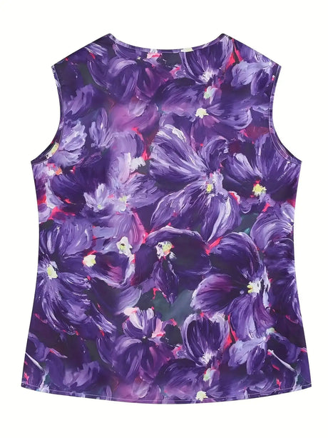 Plus Size Floral Print Tank Top, Casual V Neck Sleeveless Top For Summer, Women's Plus Size Clothing - Lootquake