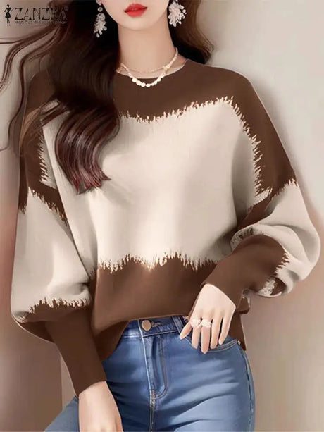 ZANZEA Women Sweatsshirts Spring Long Sleeve Hoodies 2025 Simple Round Neck Pullovers Casual Color Patchwork Harajuku Jumpers - Lootquake