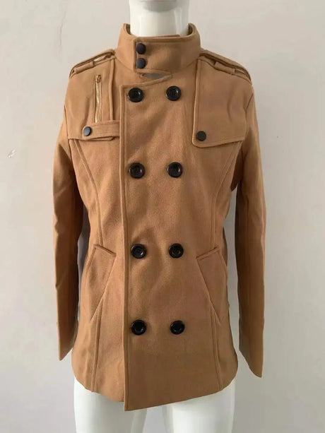 Men Slim Fit Woolen Coats Solid Color Male Casual Long Sleeve Outerwear Autumn Winter Double Breasted Mid Length Windbreaker - Lootquake