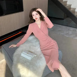 Women Pink Pleated Bodycon Formal Long Dress Autumn Winter Long Sleeve Chic Suit Dress 2025 Korean Fashion Elegant Party Dresses - Lootquake