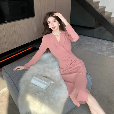 Women Pink Pleated Bodycon Formal Long Dress Autumn Winter Long Sleeve Chic Suit Dress 2025 Korean Fashion Elegant Party Dresses - Lootquake