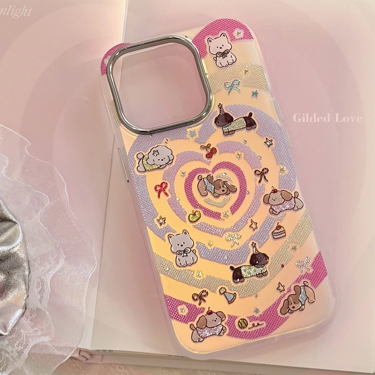 Korean Gilding Laser Colorful Love Heart Cartoon Puppy Phone Case For iPhone