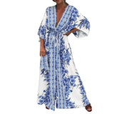 2025 Boho Print Half Sleeve Long Dress Women Fashion Japanese Kimono Lace-Up Robe Summer Sundress Holiday Beach Dress Vestidos - Lootquake