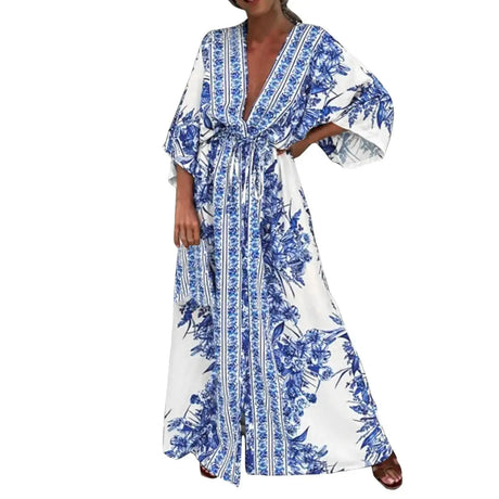 2025 Boho Print Half Sleeve Long Dress Women Fashion Japanese Kimono Lace-Up Robe Summer Sundress Holiday Beach Dress Vestidos - Lootquake