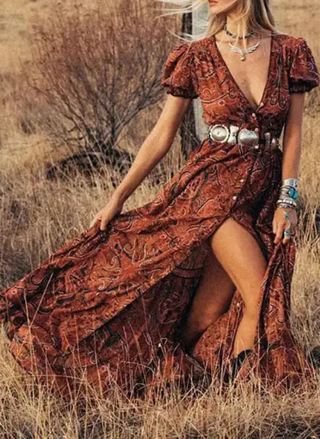 TEELYNN boho long dress Vintage 2023 floral print Chiffon three quarter sleeve v-neck summer Gypsy Hippie women dresses vestidos - Lootquake