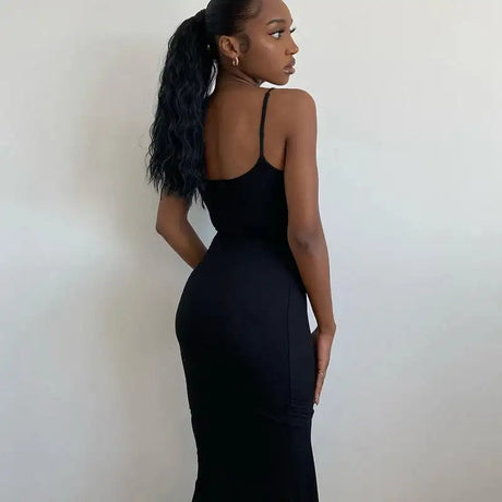 Dresses For Women 2023 Sexy Spaghetti Strap Black Long Dress Evening Y2k Sleeveless Solid Skinny Bodycon Maxi Vestidos - Lootquake