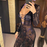 Deep V Dress Lace Up Long Sleeve Women Split Maxi Dress Crochet Knitted Tunic Mesh Sheer Sexy Bodycon Long Dress Vestido V4146B - Lootquake