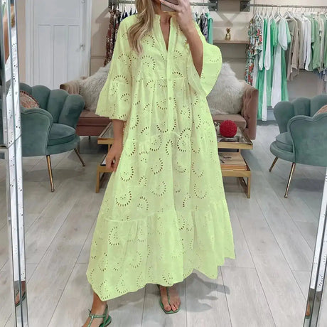 Fitshinling Cotton Long Dress Women Costume Flare Sleeve Slim A-Line Robe Fashion Hollow Out Lace Maxi Dresses Dance Wear - Lootquake