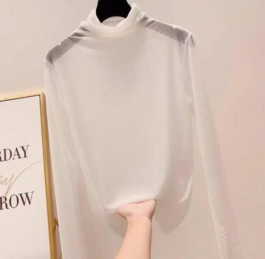 Neon Shirt for Women Long Sleeve Stand Collar Sheer Top Yellow Gold Mesh Blouse Sexy Party Club Streetwear Hip Hop Tee Tops - Lootquake