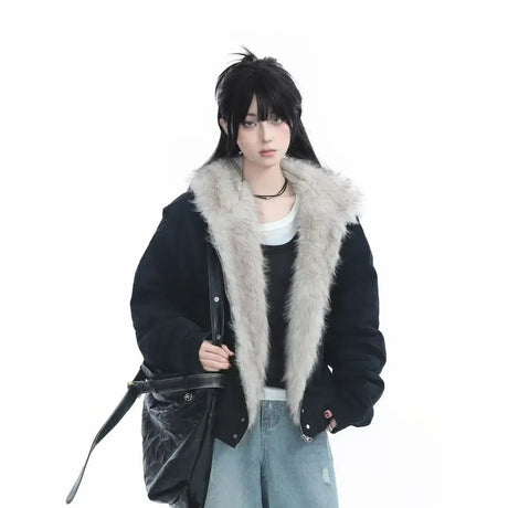 Winter New Plush Jacket American Retro Mao Collar Hooded Jackets Women Street Hip hop Gothic Harajuku Casual Cotton-Padded Coat - Lootquake