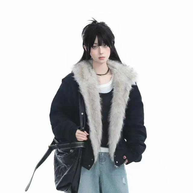 Winter New Plush Jacket American Retro Mao Collar Hooded Jackets Women Street Hip hop Gothic Harajuku Casual Cotton-Padded Coat - Lootquake