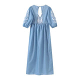 Elegant Print Half Puff Sleeve Dresses Women Loose V-neck Lace Up Backless Long Dress 2024 Summer New Ladies Chic Beach Robes - Lootquake