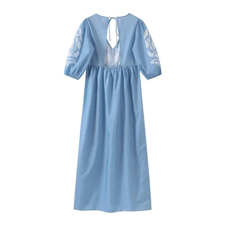 Elegant Print Half Puff Sleeve Dresses Women Loose V-neck Lace Up Backless Long Dress 2024 Summer New Ladies Chic Beach Robes - Lootquake