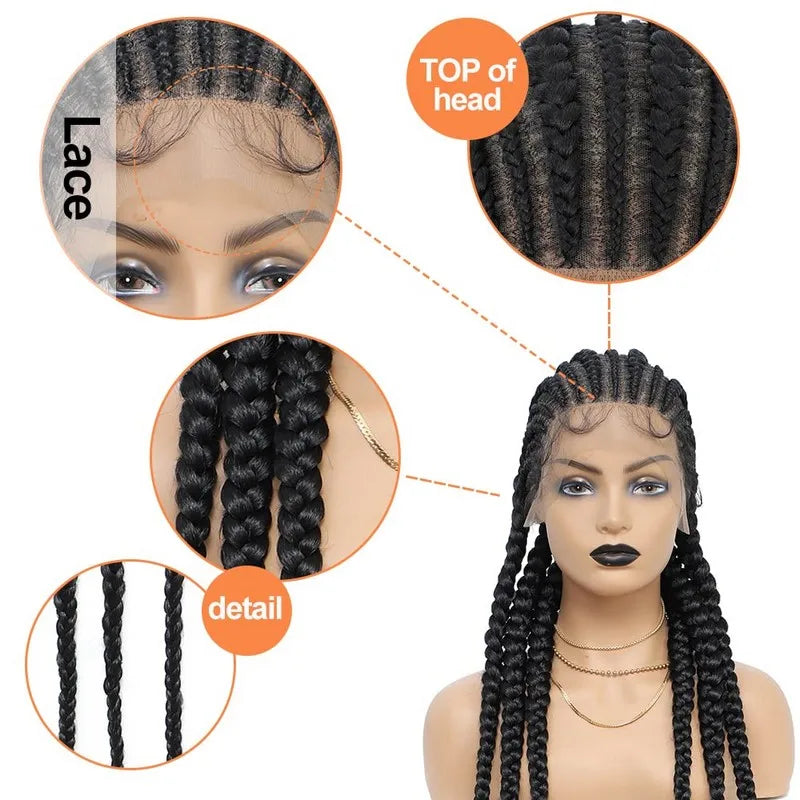 36" Cornrows & Faux Locs Braided Wig | Jumbo Box Braids | Full Lace | Synthetic Hair | Black Women
