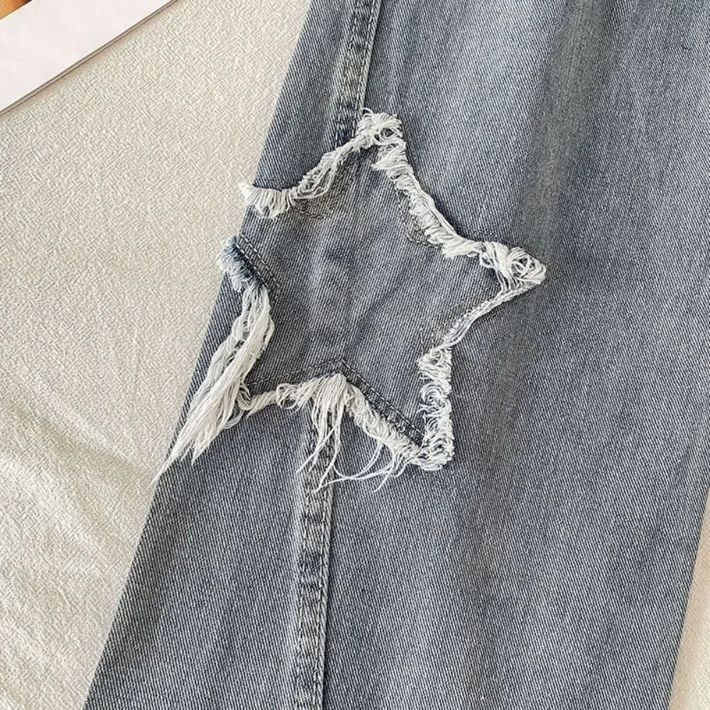 Denim Popular Ins Fashion Korean WIth Star Spring Autumn New High Waist Straight Leg Loose Fitting Jeans - Lootquake
