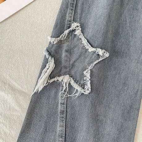 Denim Popular Ins Fashion Korean WIth Star Spring Autumn New High Waist Straight Leg Loose Fitting Jeans - Lootquake