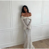 Vestido largo ajustado de encaje con un solo hombro y aberturas para mujer, liso, con cordones, sin cintura, elegante y sexy, para fiestas y citas, 2024