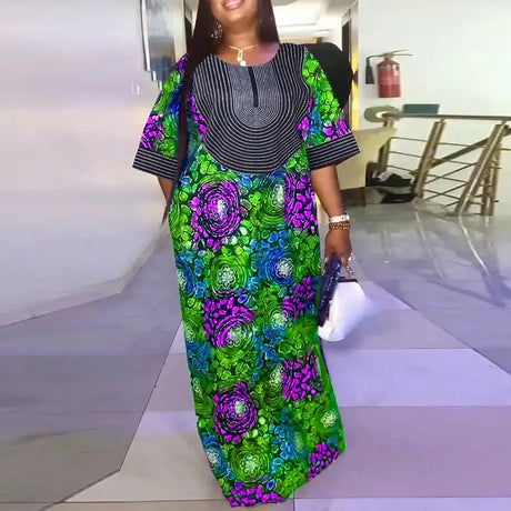 Plus Size Women Maxi Long Dress 2024 VONDA Vintage Half Sleeve Floral Printing Robes Dress Loose Oversize Vestido Streetwear - Lootquake