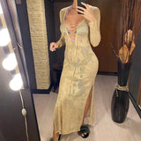 Deep V Dress Lace Up Long Sleeve Women Split Maxi Dress Crochet Knitted Tunic Mesh Sheer Sexy Bodycon Long Dress Vestido V4146B - Lootquake