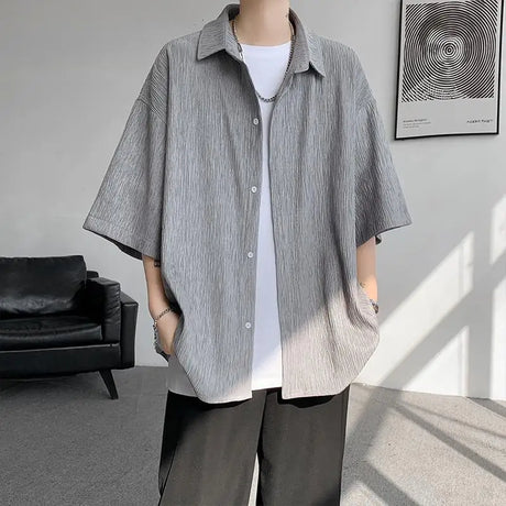 M-5XL Plus Size Mens Casual Shirt Lapel Neck Summer Streetwear Plain Color Tops Men Soft Half Sleeve Holiday Shirts Big XXXXXL - Lootquake