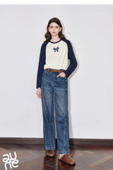 TOYOUTH Women T-shirt 2024 Autumn New Denim Bow Contrasting Color Raglan Sleeve Pullover Casual Tops - Lootquake