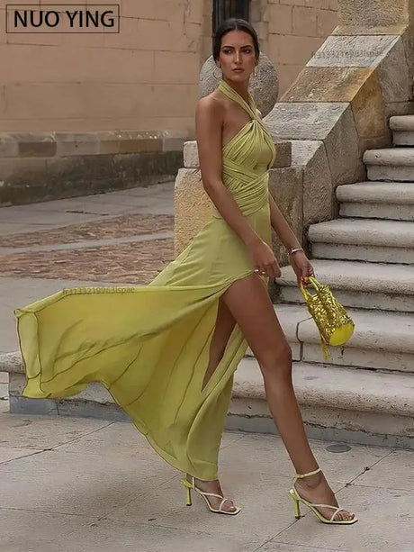 Hanging Neck Strap Split Long Dress Women Wrap Chest Backless High Waisted Slim Fit Robes Summer Chic Female Streetwear Vestido - Lootquake