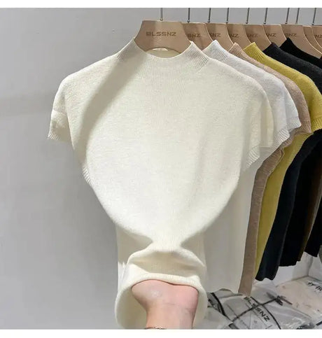 Half High Collar T-shirts Flying Sleeve Design Slim Knitted Sleeveless Top Women Simple Comfortable White T-shirts Summer 2025 - Lootquake