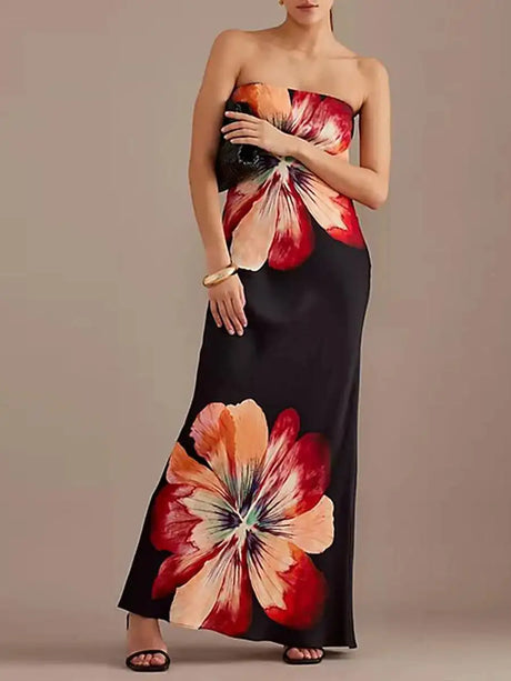hirigin Women Y2K Floral Print Tube Maxi Dress Graphic Strapless Backless Long Dress Vintage Off Shoulder Summer Sundress - Lootquake