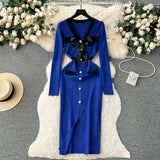 SINGREINY Office Lady Sweater Long Dress 2023 Bow Single Breasted Elastic Split Women Autumn Dress Fashion Senior Knitted Dress - Lootquake